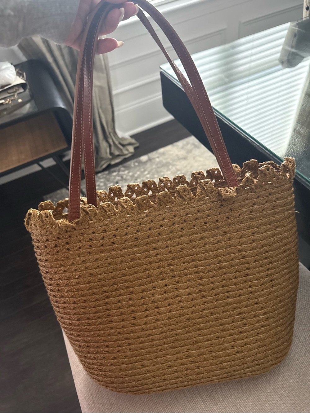Eric Javits luxury Woven Straw Tote Bag with Brown Leather Handles